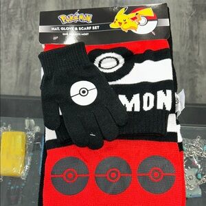 Pokemon Black and Red Hat, Gloves & Scarf Set